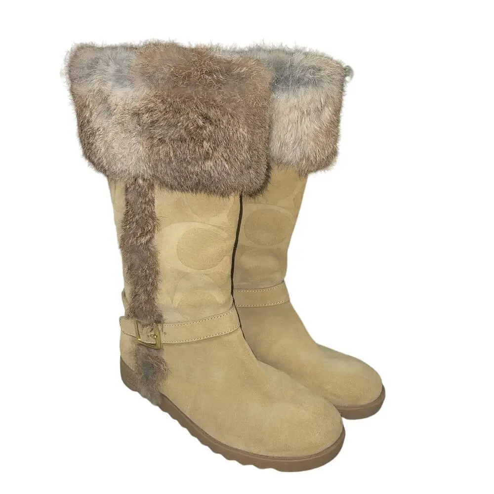 Coach Deeann Tan Signature Embossed Suede Rabbit Fur Shearling Boots Size 6.5